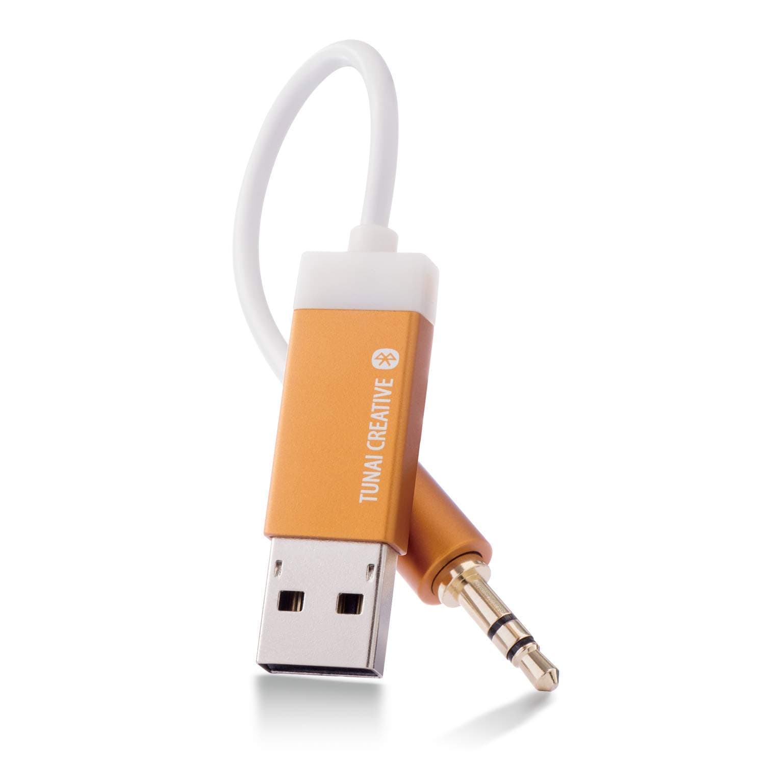 TUNAI Firefly Bluetooth Receiver: World’s Smallest USB Wireless Audio Bluetooth 4.2 Adapter with 3.5mm AUX for Car/Home Stereo Music Streaming; Auto On, No Charging Needed - Home Pack (Gold)