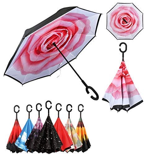 Double Layer Inverted Umbrella with C-Shaped Handle, Anti-UV Waterproof Windproof Straight Umbrella for Car Rain Sun Outdoor Use Pink Rose Design