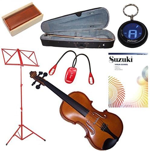 Beginner Violin Package 1/10 (4-5 yr old) - with Music Stand (Red), Red Music Stand Light, Rosin, Meisel Keychain Tuner & Music Book 1 (Suzuki Violin School: Violin Part, Vol. 1)