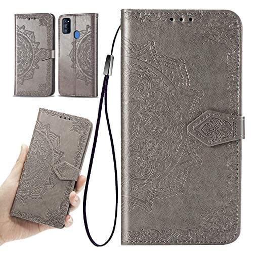 MRSTERUS Samsung Galaxy M30S Flip Case with Card Holder, Patterned Faux Leather Phone Cover with Magnet Kickstand & Wrist Strap for Samsung Galaxy M30S Case Gray Mandala SD