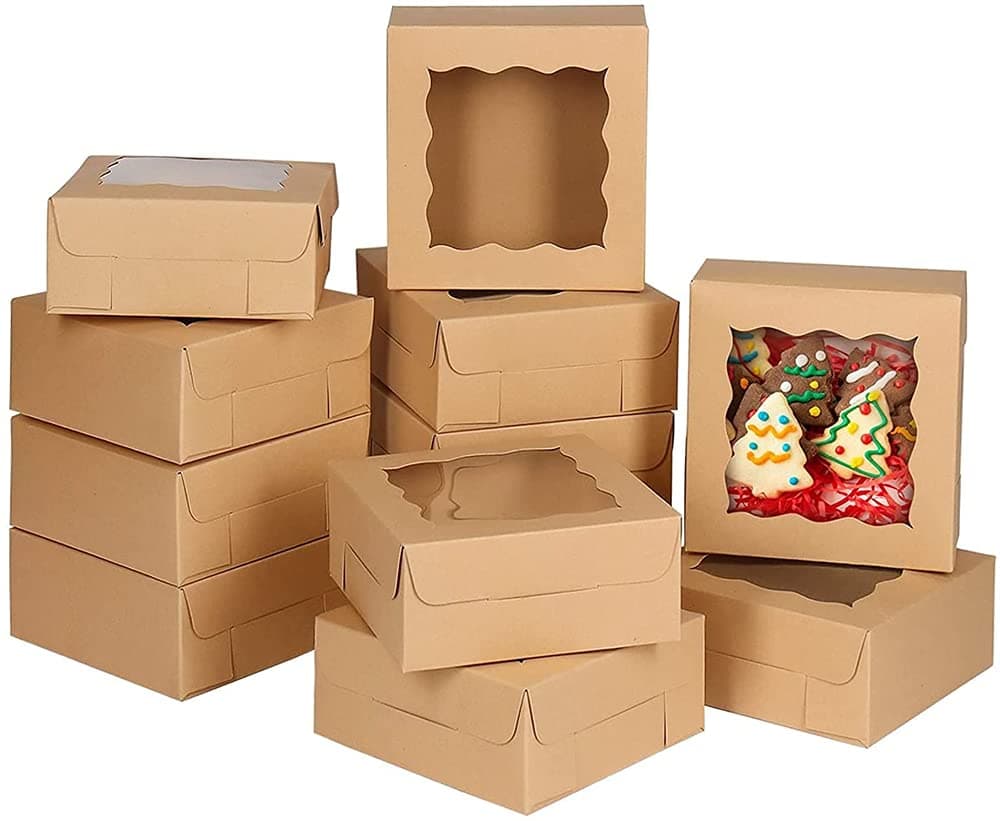 Elecdon Cake Box, Brown Cookie Boxes With Pvc Window Paper Bakery Pastry Cupcake Boxes, For Pies, Donuts, Cookies And Muffins, Small Natural Craft Box (20 Pcs, 4 X 2.5 Inches)