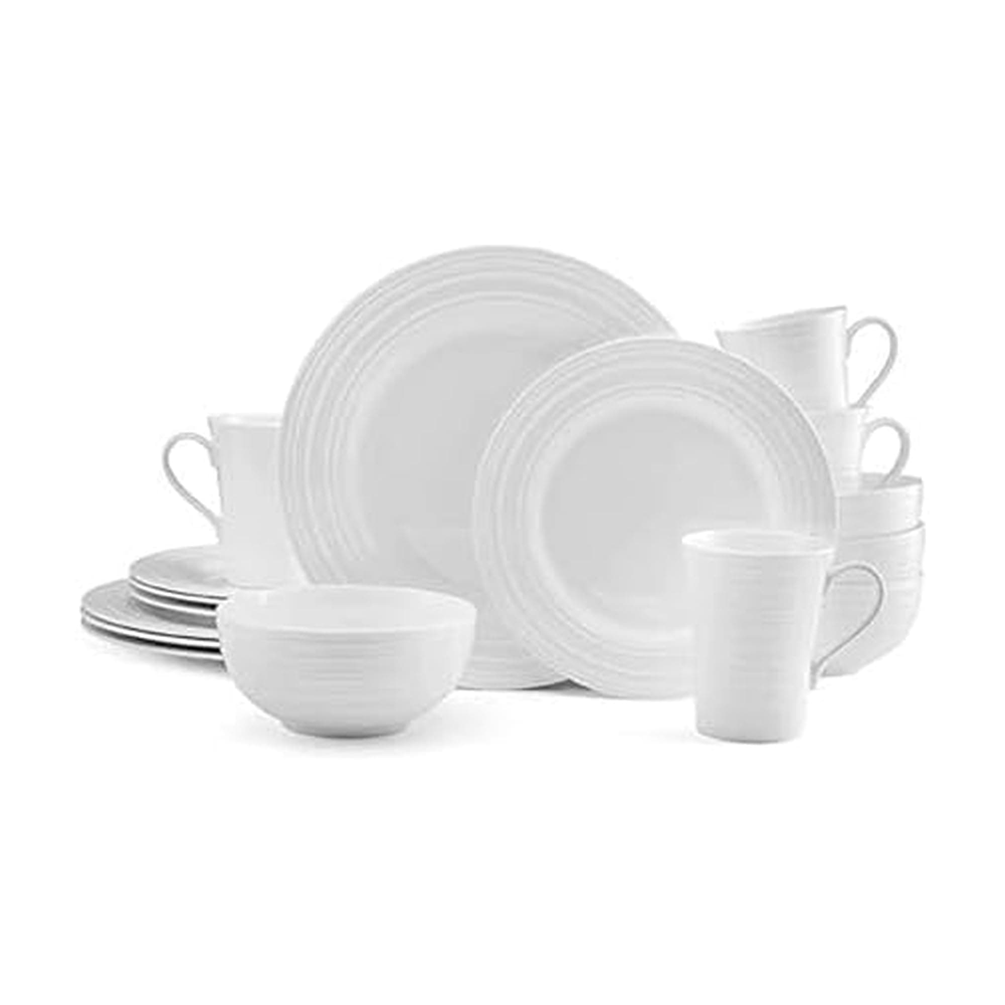 Ciara 16 Piece Bone China Dinnerware Set, Service for 4, Lightweight and Durable Plates Bowls and Mugs, Elegant White Dinnerware for Everyday Use
