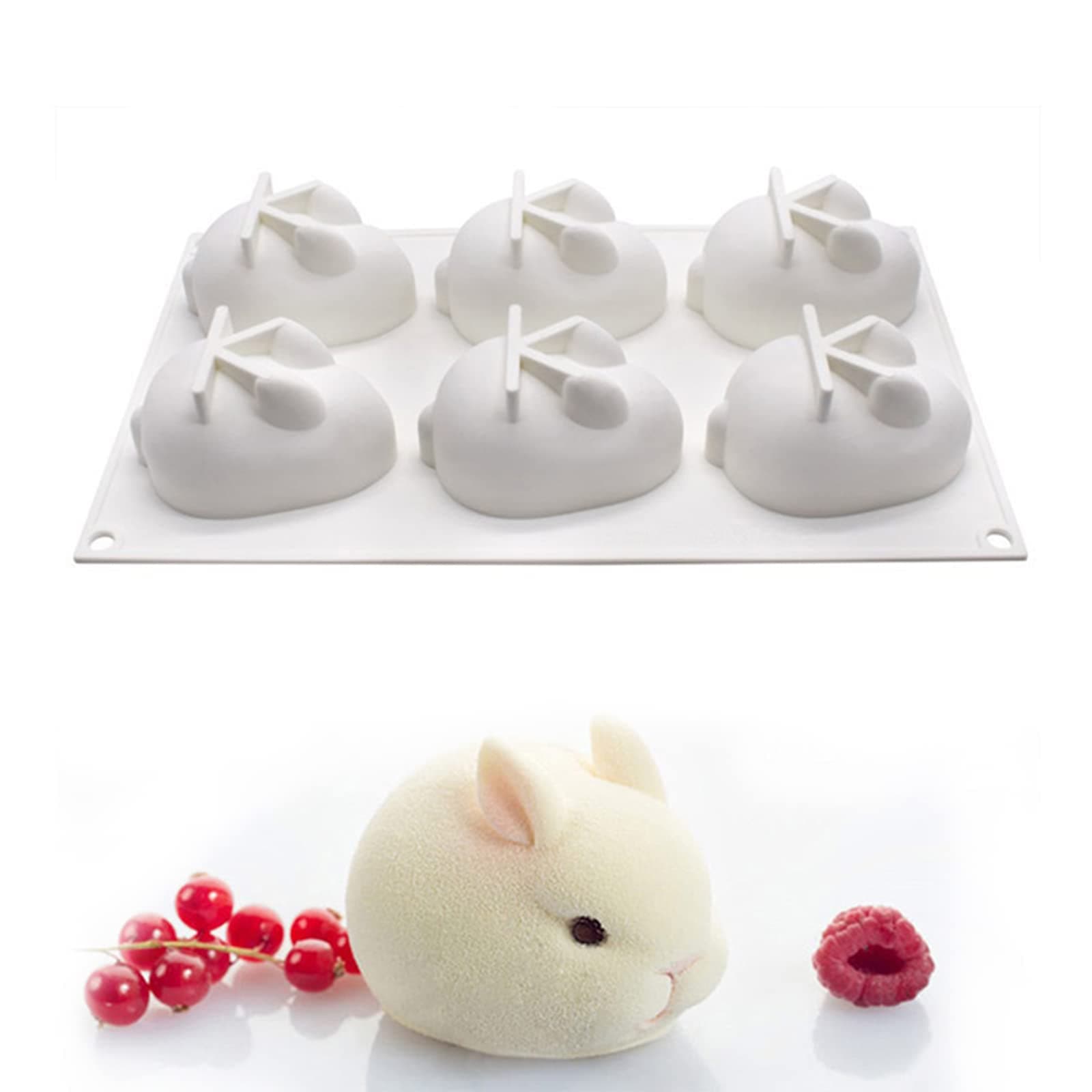 OCPO KITCHEN 3D Easter Bunny Silicone Mold for Baking Rabbit Shape Mousse Cake, French Dessert, Chocolate, Pastry, Pudding, Jelly, Cake Decoration Mold, Rabbit Shape (6 Cavity)