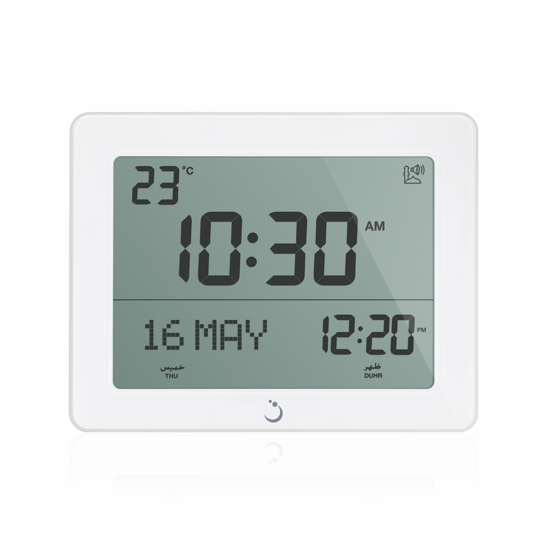ALFAJR Azan Clock CF-19 White - Automatic Athan Five Times in 5 Different Voices - Simplified Manual for USA Cities (Zoon) (White)