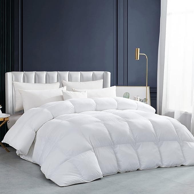 Luxurious White Solid Heavy Weight, Oversized Queen Size Goose Feathers Down Comforter for Winter Weather Duvet Insert, Premium Baffle Box, 100% Egyptian Cotton Cover, 70 oz. Fill Weight