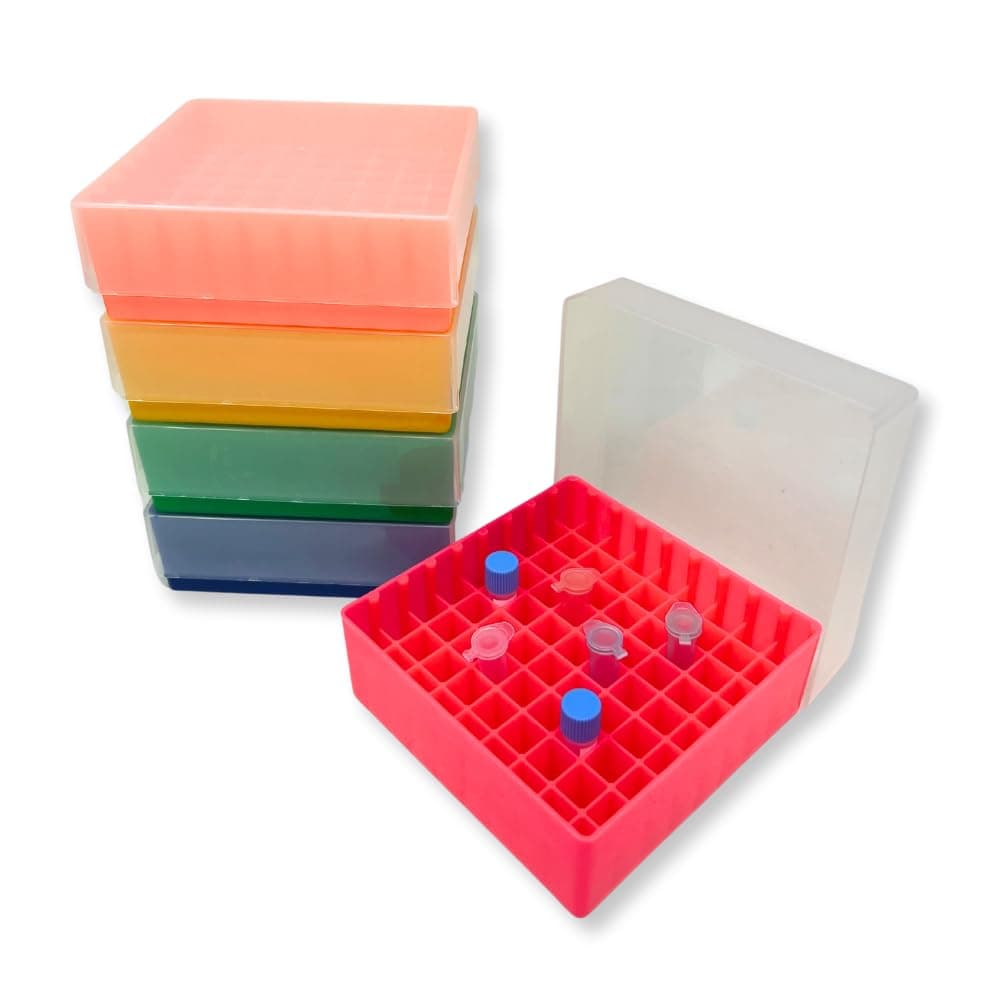 ExtraGene™ 81 Place Plastic Freezer Storage Box (Cryogenic Rack holder) for Microcenrifuge tubes 1.5/2 ml and Cryovials Assorted Color 5/Pack
