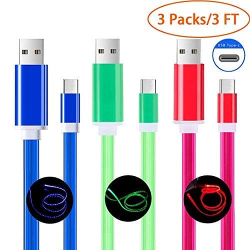 USB Type C Cable, CTREEY 3FT Flowing LED Light Up USB C Charger Cable Date & Charging USB C to USB A Cable Cord for Apple Macbook 12 Inch, LG G5, Nexus 5 X 6P and More with Type C Port (3Pack-R&B&G)