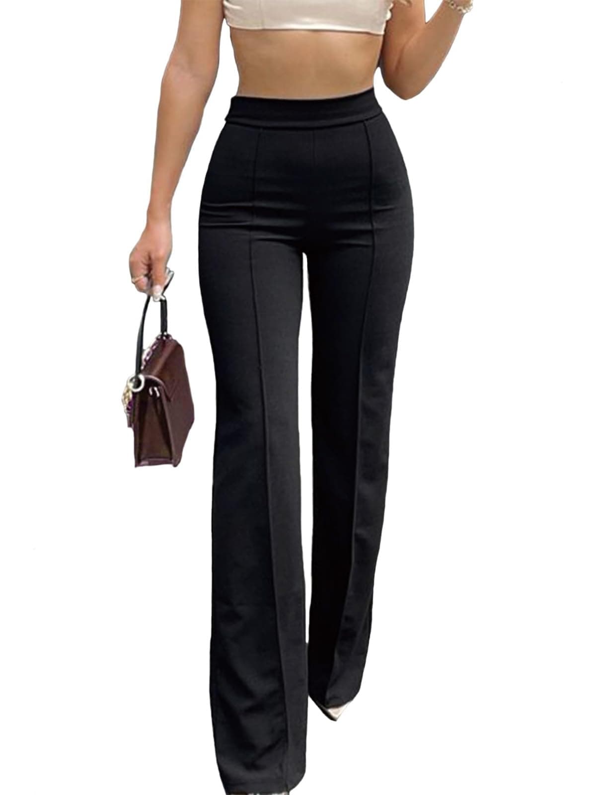 Women Ladies Wide Leg Trousers Work Office Smart Casual Elegant High Elasticated Waist Bootcut Long Pants Flared Leggings