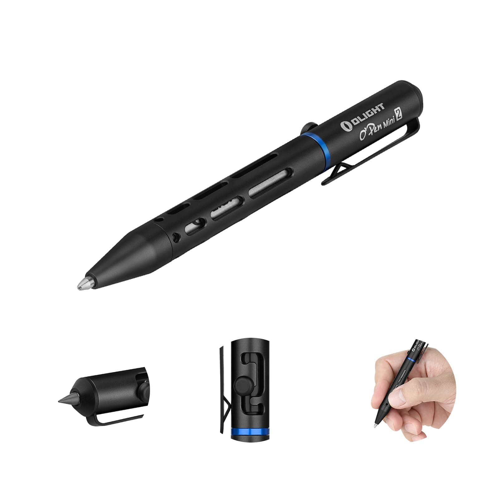 OLIGHT O'Pen Mini 2 Portable Ballpoint Pen, Bolt Action Pen with Pen and Pencil Tip, EDC Replaceable Black Ink Pens with Stainless Steel Pen Clip for Office, Working, Writing (Black)