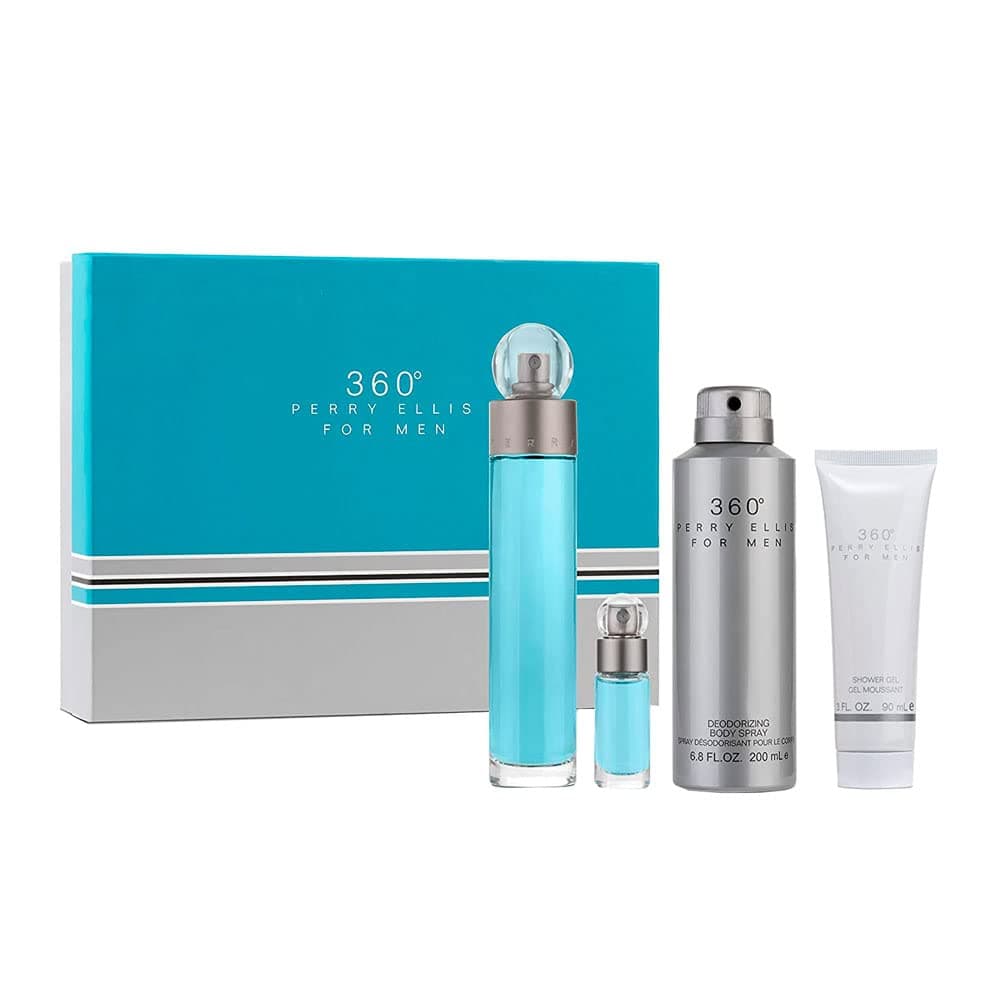 360 for Men | Gift Set with 3.4 oz Eau de Toilette Spray, 3 oz After Shave Balm, 2.75 oz Deodorant Stick, and 0.25 fl oz Mini EDT Spray | Scent Notes of Exotic Wood and Citrus