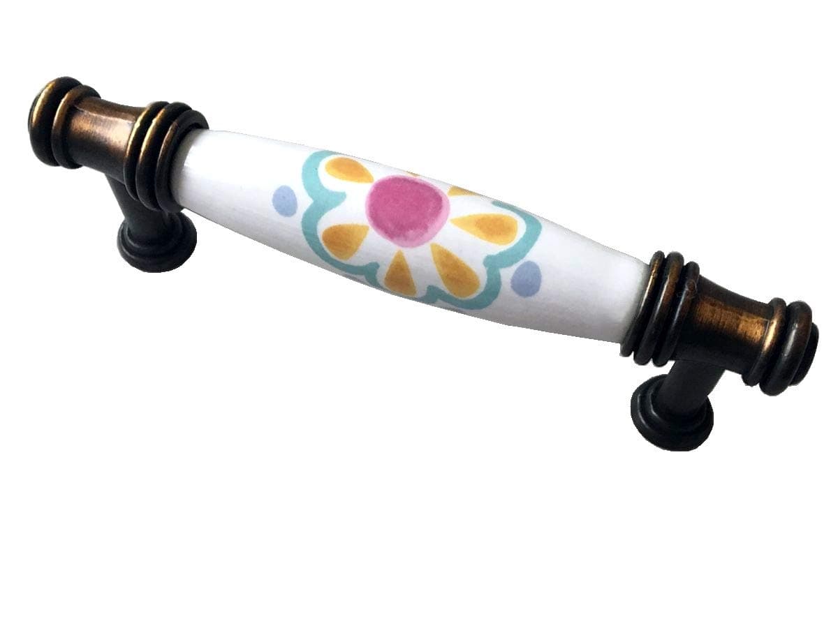 3.75" C-C Floral Cabinet Pull Blossom Dresser Pulls Dark Antique Brass Drawer Knob Cabinet Handle Porcelain Dresser Pulls Kitchen Handles 3 3/4" 96 mm Centers (L:4.8" (120 mm)/C-C:3.75"(96 mm), A)