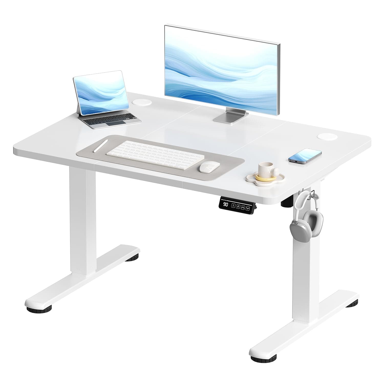 Devoko Electric Standing Desk 100x60cm Sit Stand Table Height Adjustable Desk with Backpack Hook and Memory Smart Pannel, Home OfficeTable with Splice Board, White