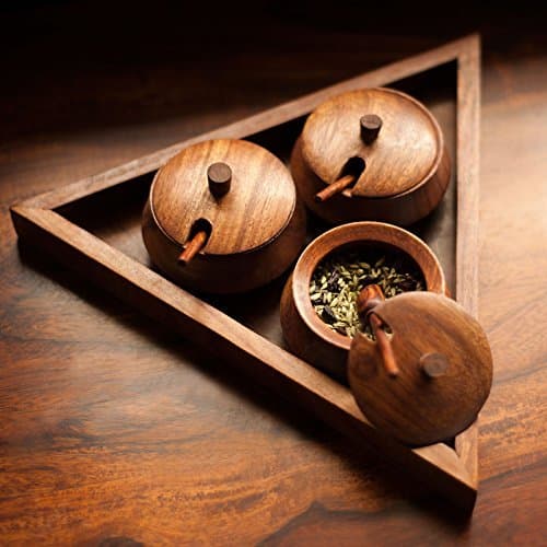 Wooden Triangular Mukhwas Freshner Serveware Spice Jar Set with Tray (25.9 cm x 22.4 cm x 6.1 cm, Brown, Set of 3)