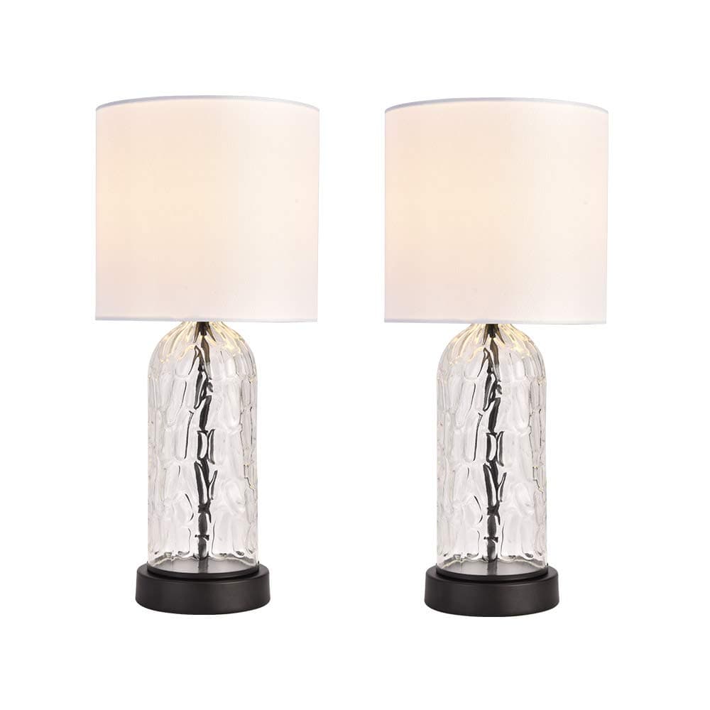 2 pack Modern waterwave Glass Table Lamp, Black Cylindrical Side Table Lamp with White Fabric Drum Shade and Glass Body for Bedroom Living Room Coffee Desk Lamp