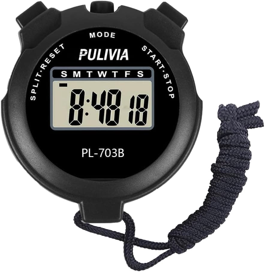 – PULIVIA Sports Stopwatch Timer Lap Split Digital Stopwatch with Clock Calendar Alarm, Large Display Shockproof Stop watch for Sports Coaches Swimming Running, Black