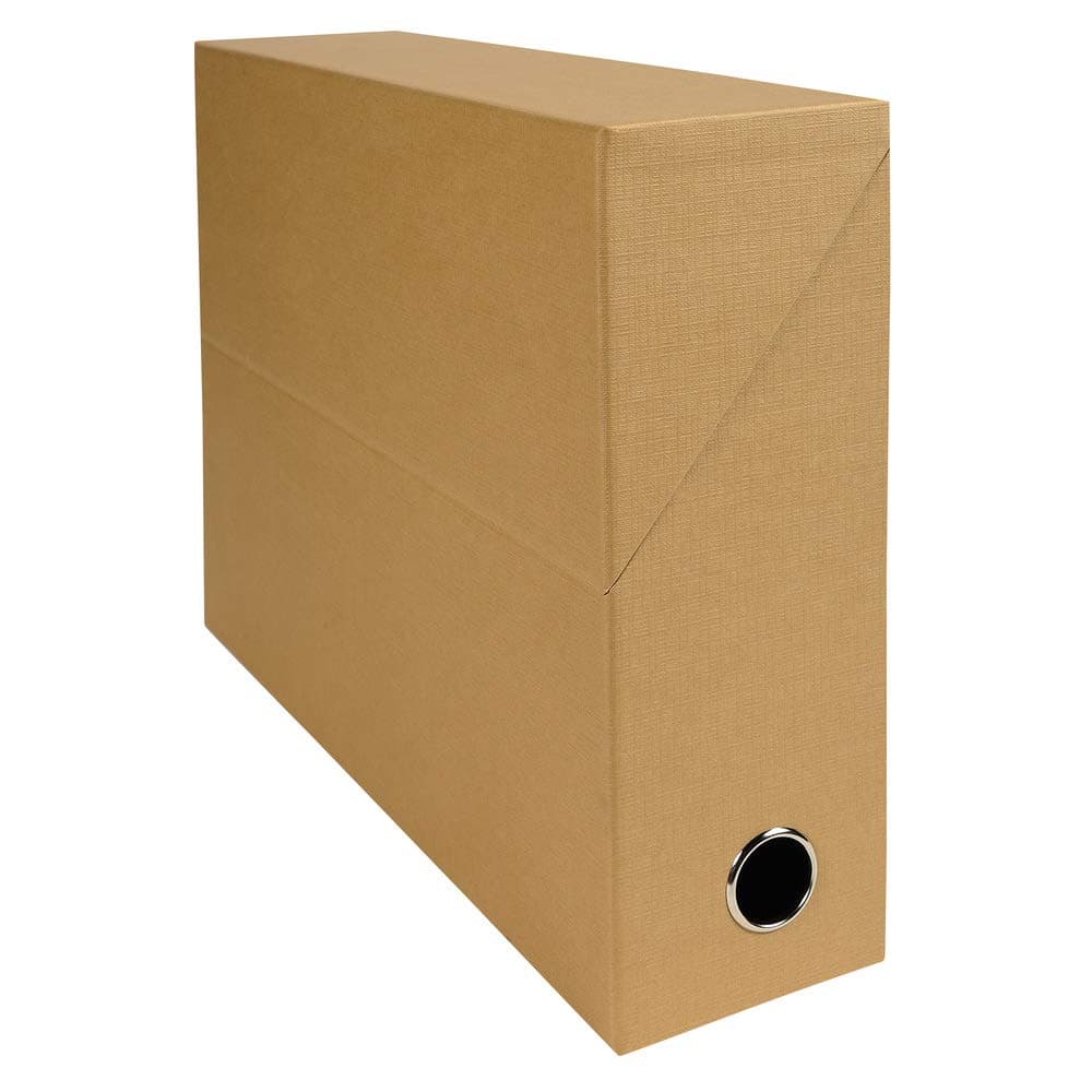Exacompta - Ref 89528E - Canvas Transfer Box - 250 x 330mm in Size, Suitable for Storing A4 Documents, 90mm Spine, Metal Finger Hole, Spine Label - TobaccoThe Forest Stewardship Council