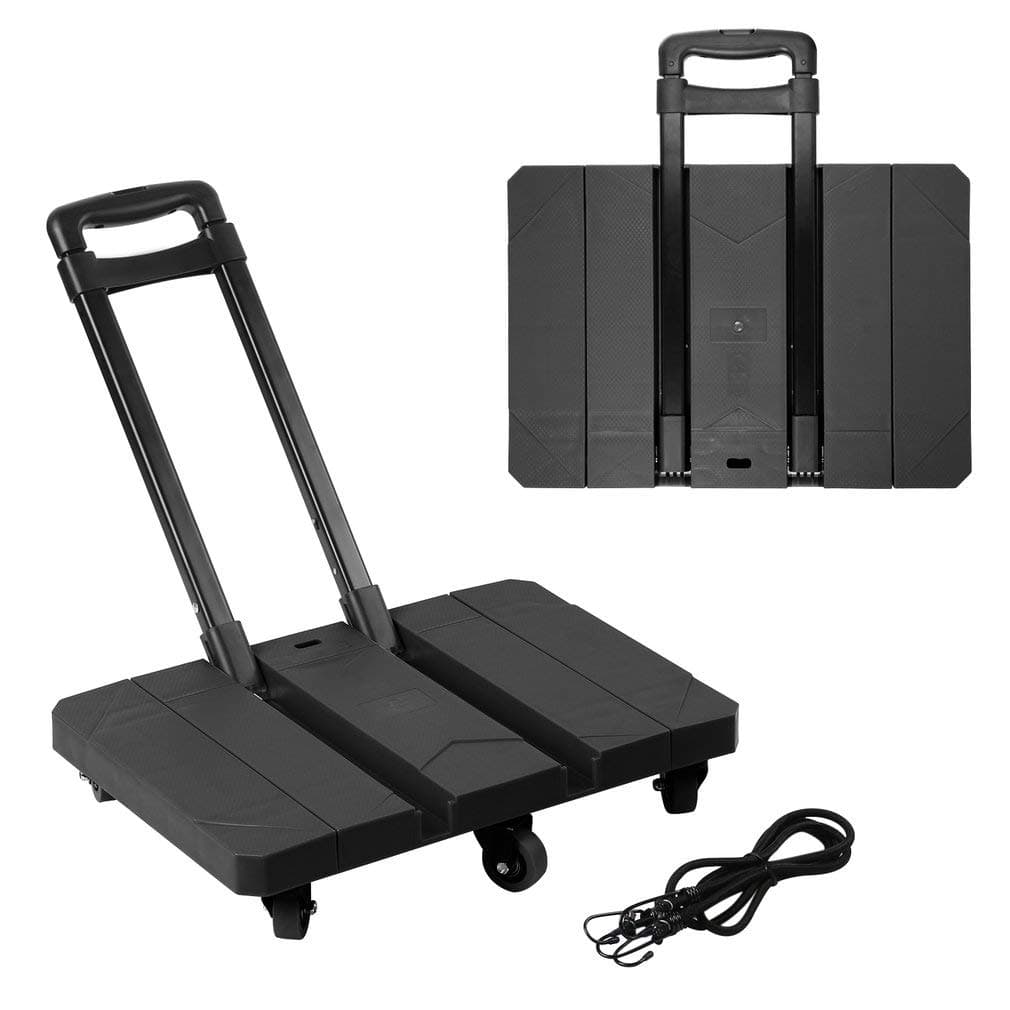 Graspwind Foldable 6 Wheels Hand Trolley, Extendable Flat Luggage Cart Hand Trolley with 3-fold Handle & 2 Supports Strips (Black 6 Wheels)