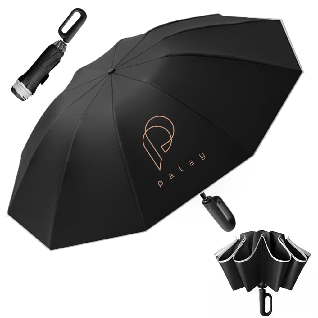 PALAY® Umbrella for Rain Big Size with Reflective Strap, 3 Fold Travel Umbrella for Sun Protection, Windproof Reinforced 10 Dual Ribs, Automatic Open/Close