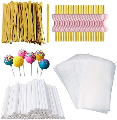 320 Pcs Candy Lollipop Cake Making Tools Set, Including 100 Pcs Clear Treats Bags,100 Pcs Lollipop Sticks,100Pcs Gold Metallic Twist Ties and 20Pcs Pink Butterlry Ties
