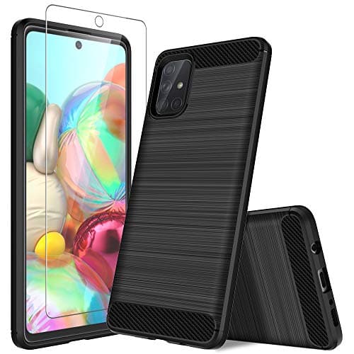 HATOSHI Samsung Galaxy A71 Case with Screen Protector Tempered Glass [1 Pack], Slim Soft TPU Rubber Bumper Full Body Brushed Phone Cover for Galaxy A71 6.7'' (Black)