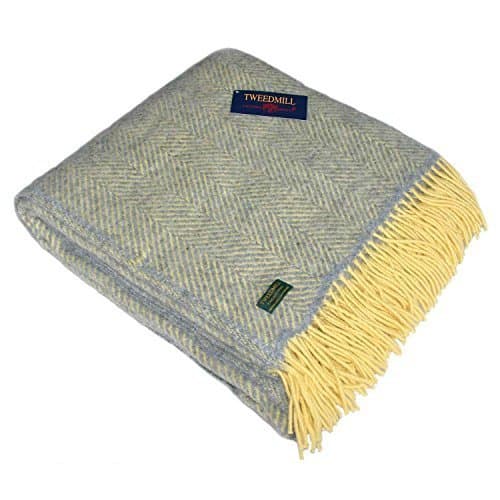 SILVER GREY & LEMON HERRINGBONE PURE NEW WOOL THROW/BLANKET