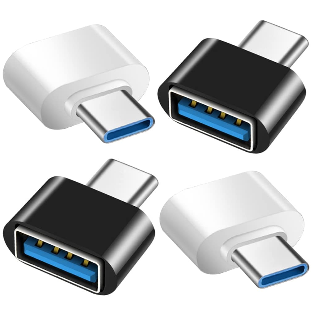USB C to USB Adapter 4 Pack, USB Female to Type C Male OTG Adaptor, USB C Adapter Compatible with MacBook Pro, iPhone 17/16/15, Samsung Galaxy, iPad, Laptops, Tablets and More (2 Black and 2 White)