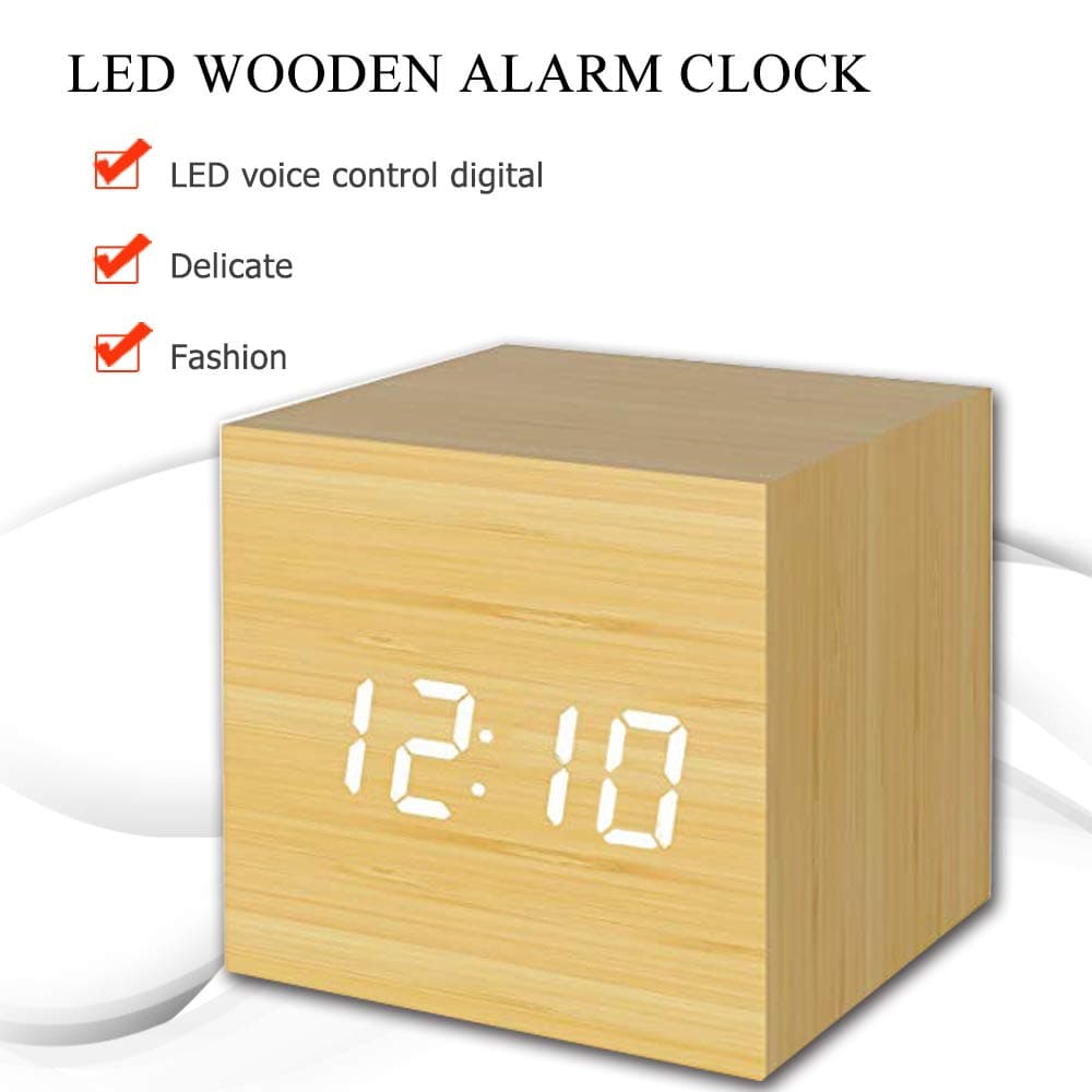 Digital Alarm Clock with White LED, Mini Cube Wooden Clock for Kids, Displays Time, Date and Temperature, Suitable for Families, Bedrooms, Dormitories, Travel