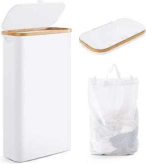 Slim Laundry Hamper with Lid, 63L Laundry Basket with Removable Bag, Oxford Fabric Laundry Bin with Bamboo Handles for Bathroom Bedroom Small Spaces
