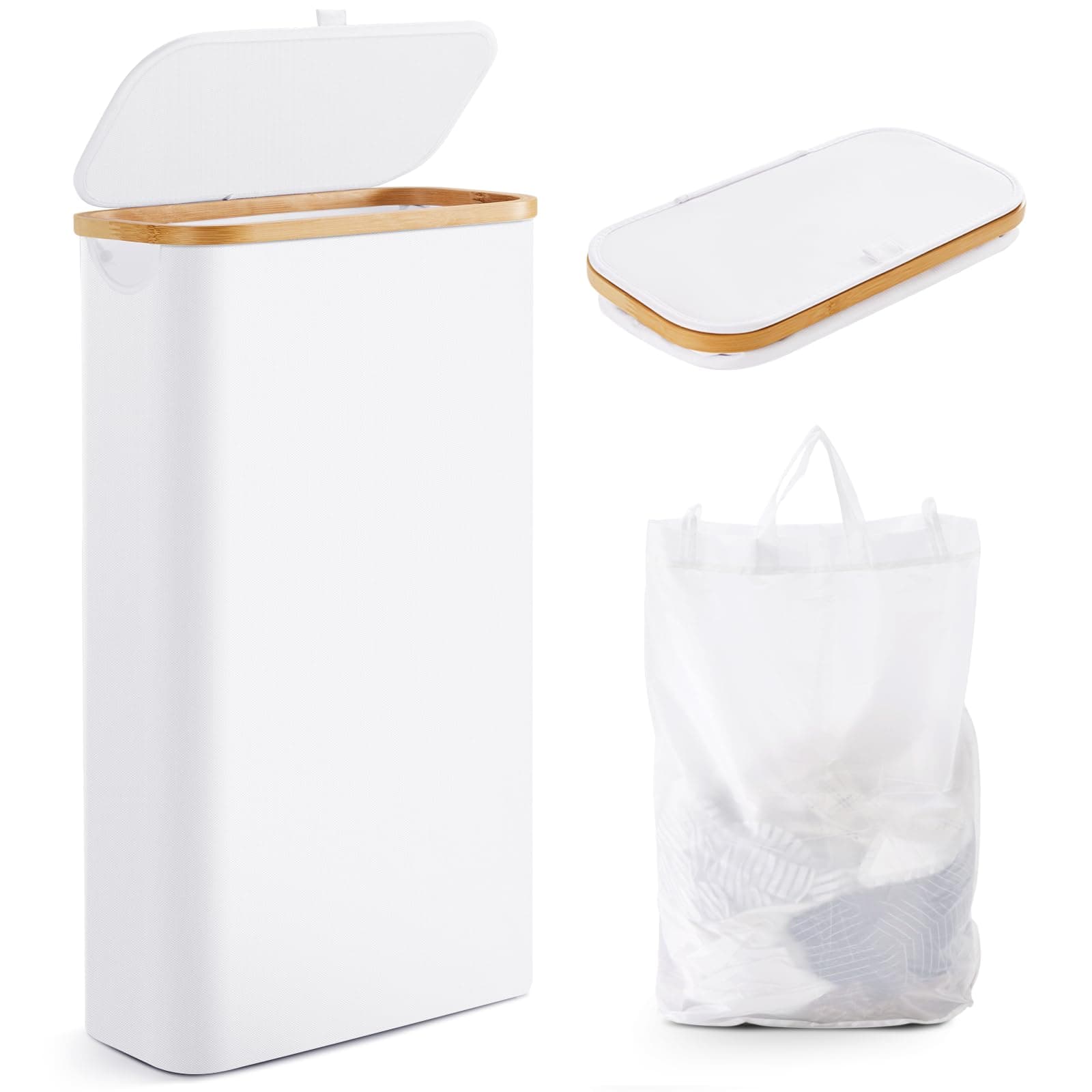 Slim Laundry Hamper with Lid, 63L Laundry Basket with Removable Bag, Oxford Fabric Laundry Bin with Bamboo Handles for Bathroom Bedroom Small Spaces