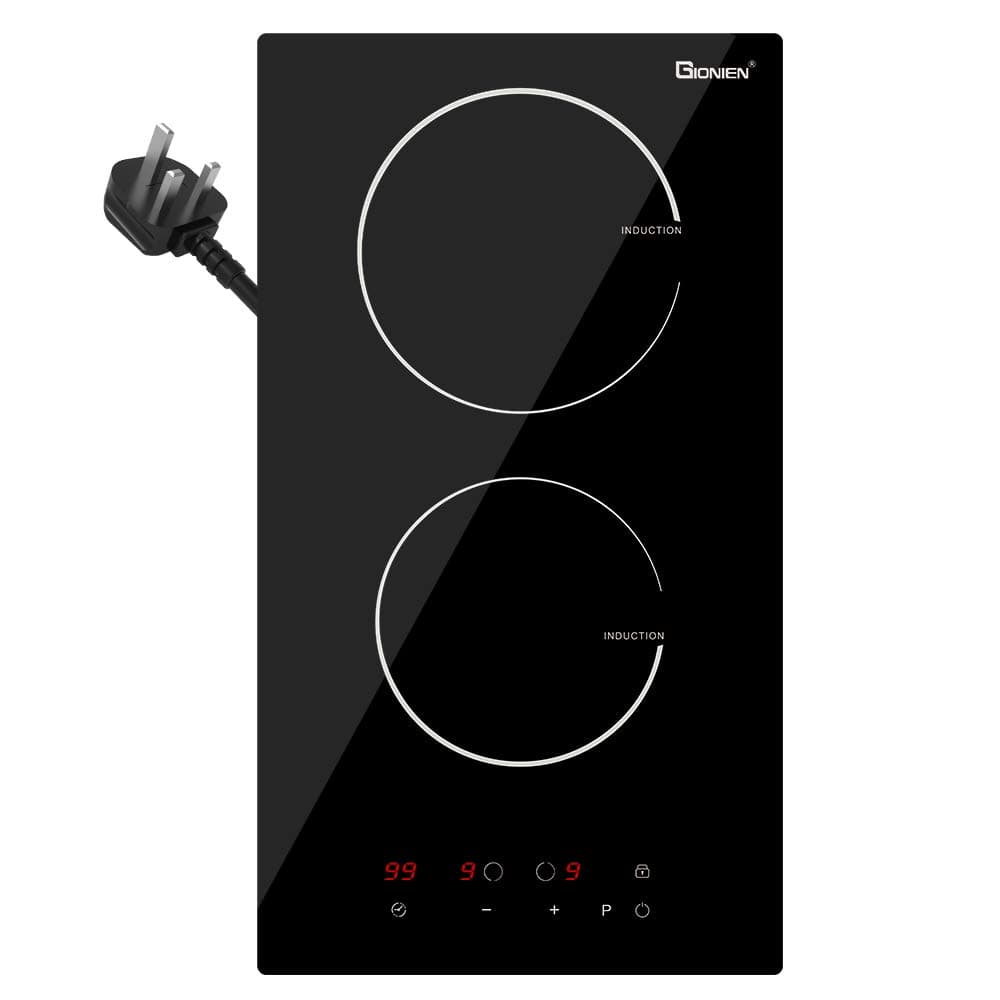 Plug in Induction Hob 2 Rings,Domino Hobs,30cm Electric Cooktop 2800W 13 Amp, Built in Worktop,Black Glass Smooth Worktop,Double Induction Cooker GIT230SP