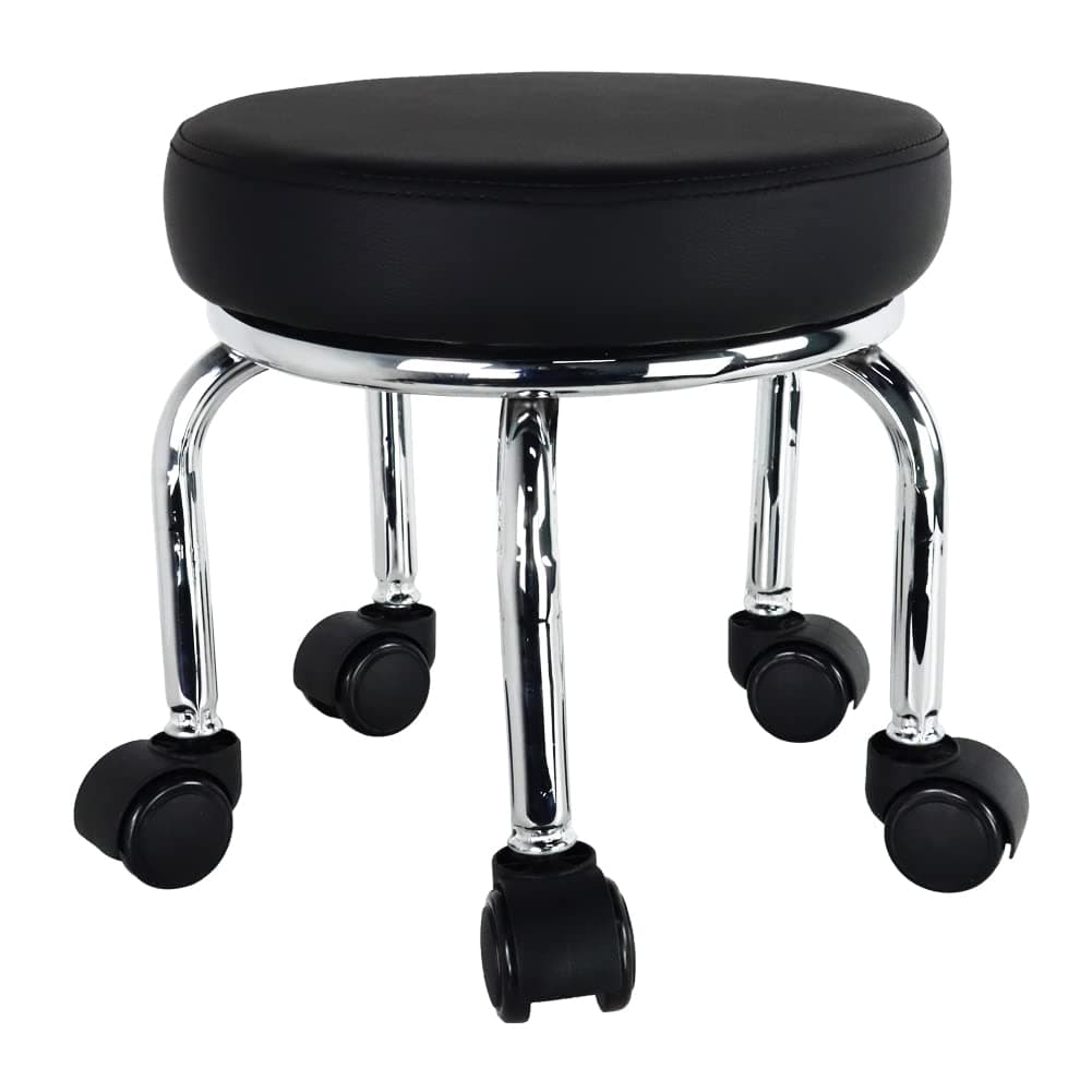 WKWKER Small Rolling Stool PU Leather Roller Seat 360° Swivel Low Round Chair with Universal Caster Wheels for Home Massage Garden Office Garage Shop Fitness Sport,H：31.5cm（Black）