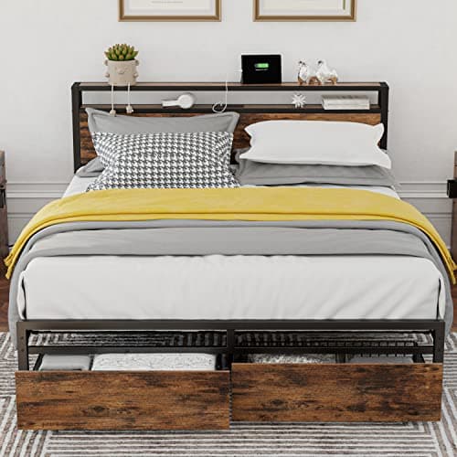 LIKIMIO Queen Bed Frame with Storage Headboard, Platform Bed with Drawers and...
