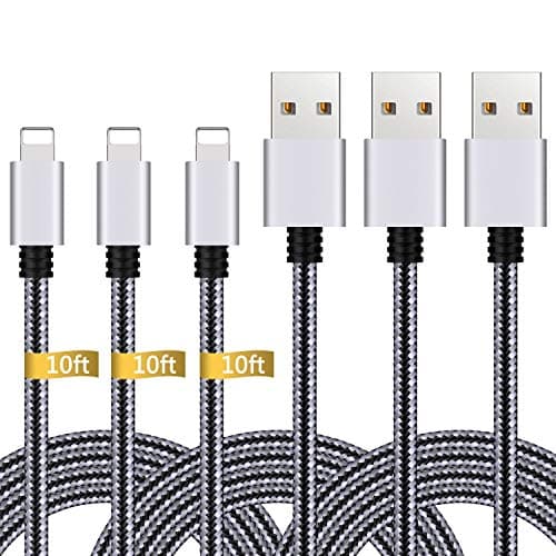 iPhone Charger,3Pack 10FT Lightning to USB Cable Nylon Braided Charging Cord Compatible with iPhone X 8 Plus 8 7 Plus 7 6 6S 6 Plus 5S SE iPod iPad Mini Air Pro (Black Gray)
