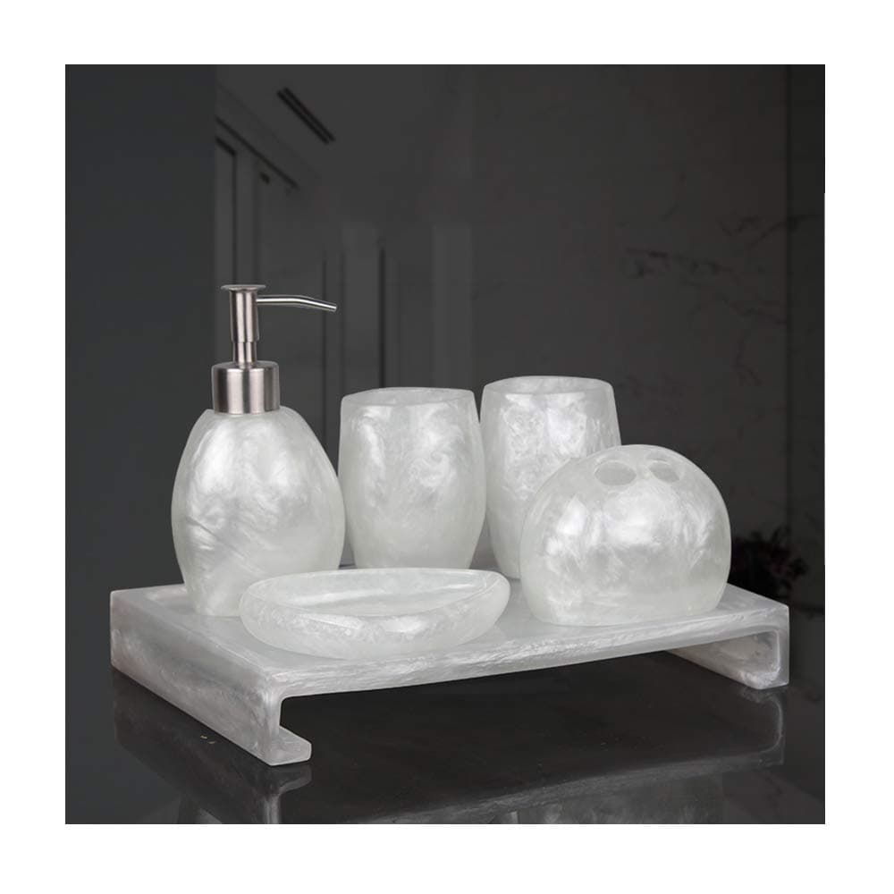 Modern Style Bathroom Accessories Set Resin Bath Ensemble Includes Toothbrush Holder, 2 Tumblers, Liquid Soap Dispenser, Soap Dish, Snowy Pearl White,with Reverse Tray