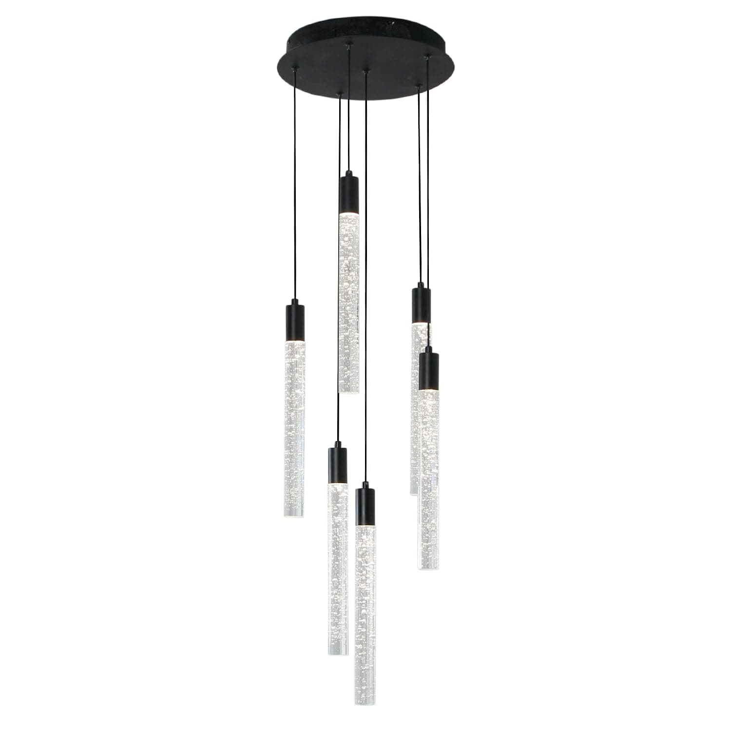 6 Lights Black Crystal Chandelier with Bubble Column Raindrop Ceiling Pendant Light for Dining Room Entryway Stairs,3000K Warm Light Dimmable