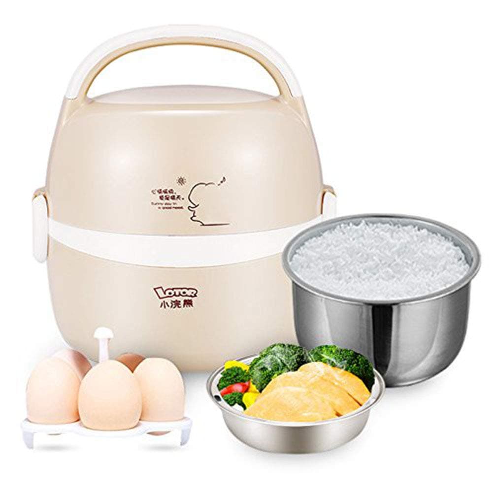 Mini Electric Cooker Multi-Function Portable Rice Cooker Steamer Slow 1.3L Stainless Steel Liner Heating Box(Beige)