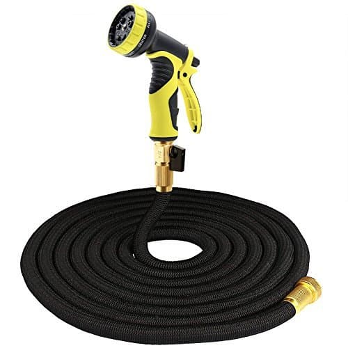 Tespressolife Durable Expandable Strongest Garden Water Hose with Solid Brass Connector and 9 Function Spray Nozzle for Plants, Cleaning Windows/Floor, Washing Cars/Pets, Black
