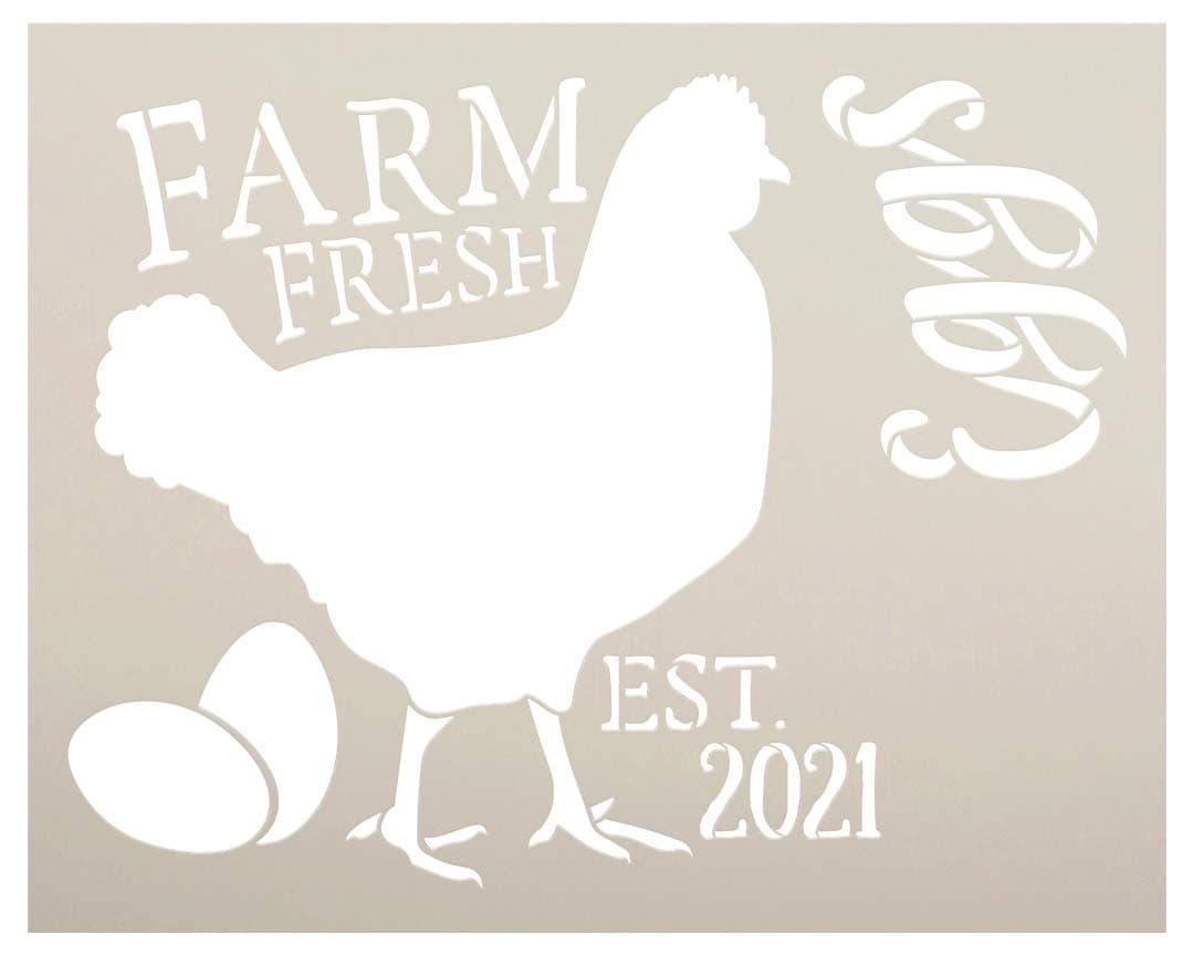 Personalized Farm Fresh Eggs Stencil by StudioR12 | Custom Established Date | DIY Farmhouse Chicken Decor for Kitchen | Select Size (10 x 8 inch)