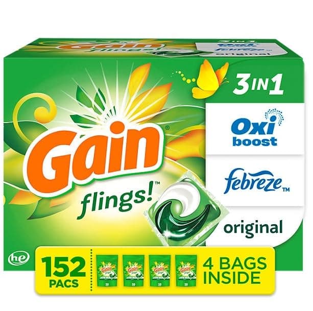 Gain flings! Liquid Laundry Detergent Soap Pacs, HE Compatible, 4 Bag Value Pack, 152 Count, Long Lasting Scent, Original Scent