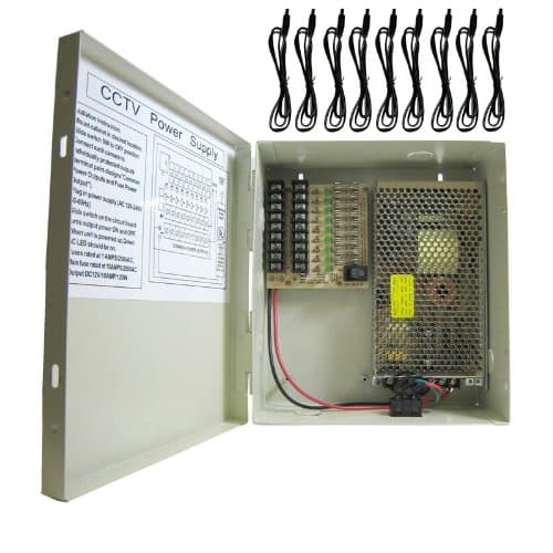 9ch / 12Amp 12VDC CCTV Wall-Mount CCTV Camera Power Box with 9 Power Pigtails