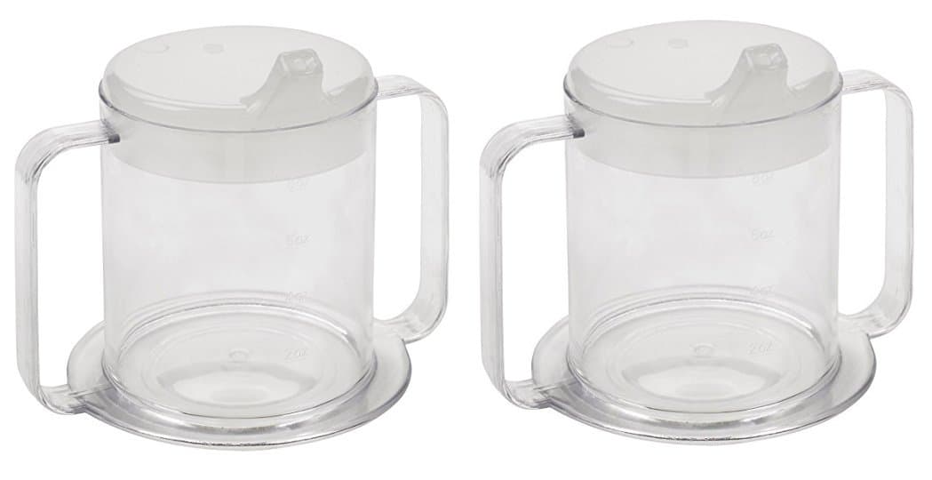 Special Supplies Independence 2-Handle Plastic Mug with 2 Style Lids, Lightweight Drinking Cup with Easy-to-Grasp Handles for Hot and Cold Beverages, Spill-Resistant Adult Sippy Cup (2-Pack)