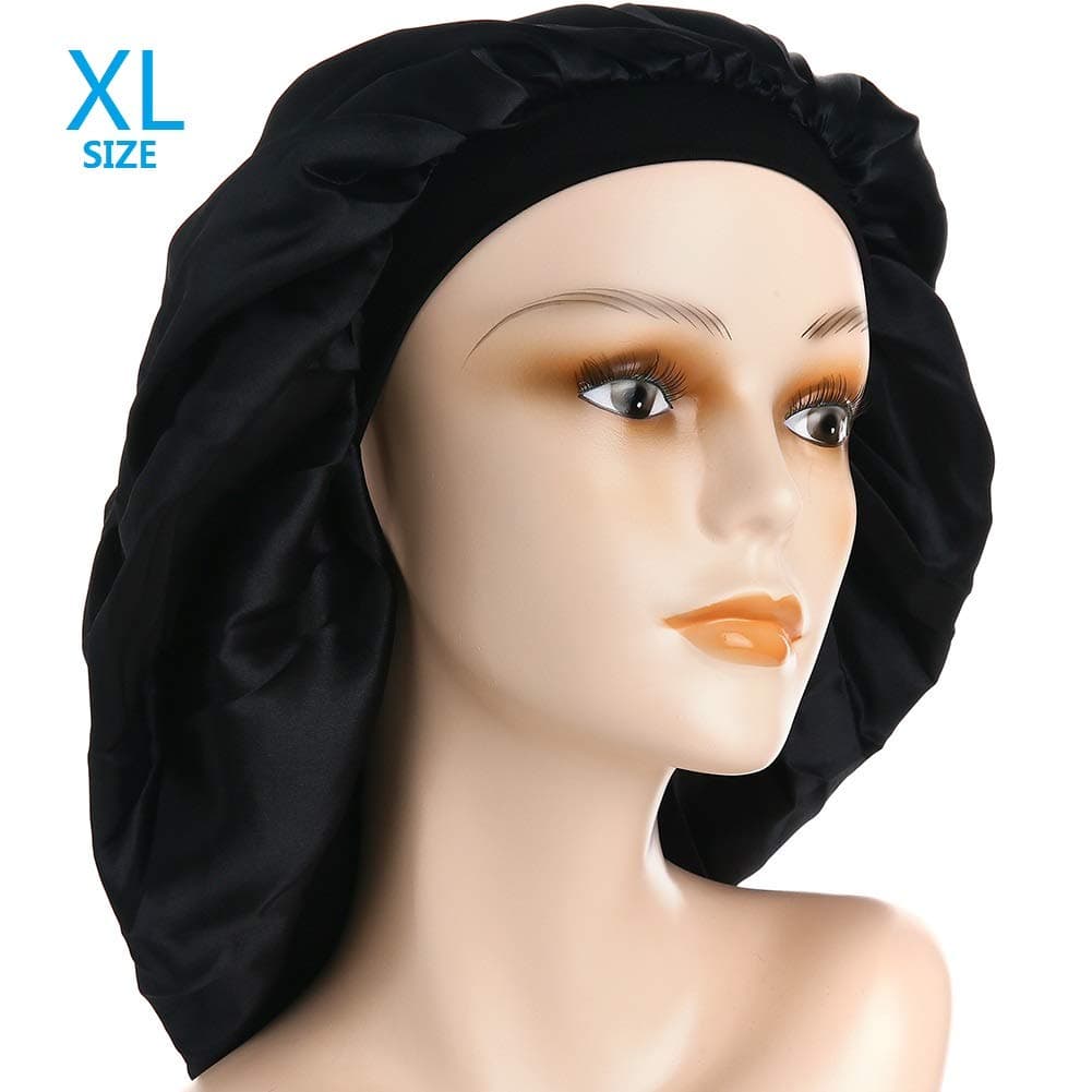 Large Satin Sleep Cap Silk Elastic Night Sleeping Hat Bonnet Nightcap Head Cover with Comfortable Wide Band for Women (CSH-XL)