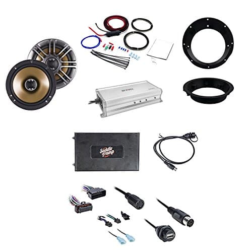 Metra Bluetooth Audio Interface for Select 2006-13 Harley Davidson Radio W/Polk Audio Slim Mount Car Marine Boat Coaxial Speakers Pair, Metra Mounting Ring, Enrock Marine Amplifier & Scosche Power Kit