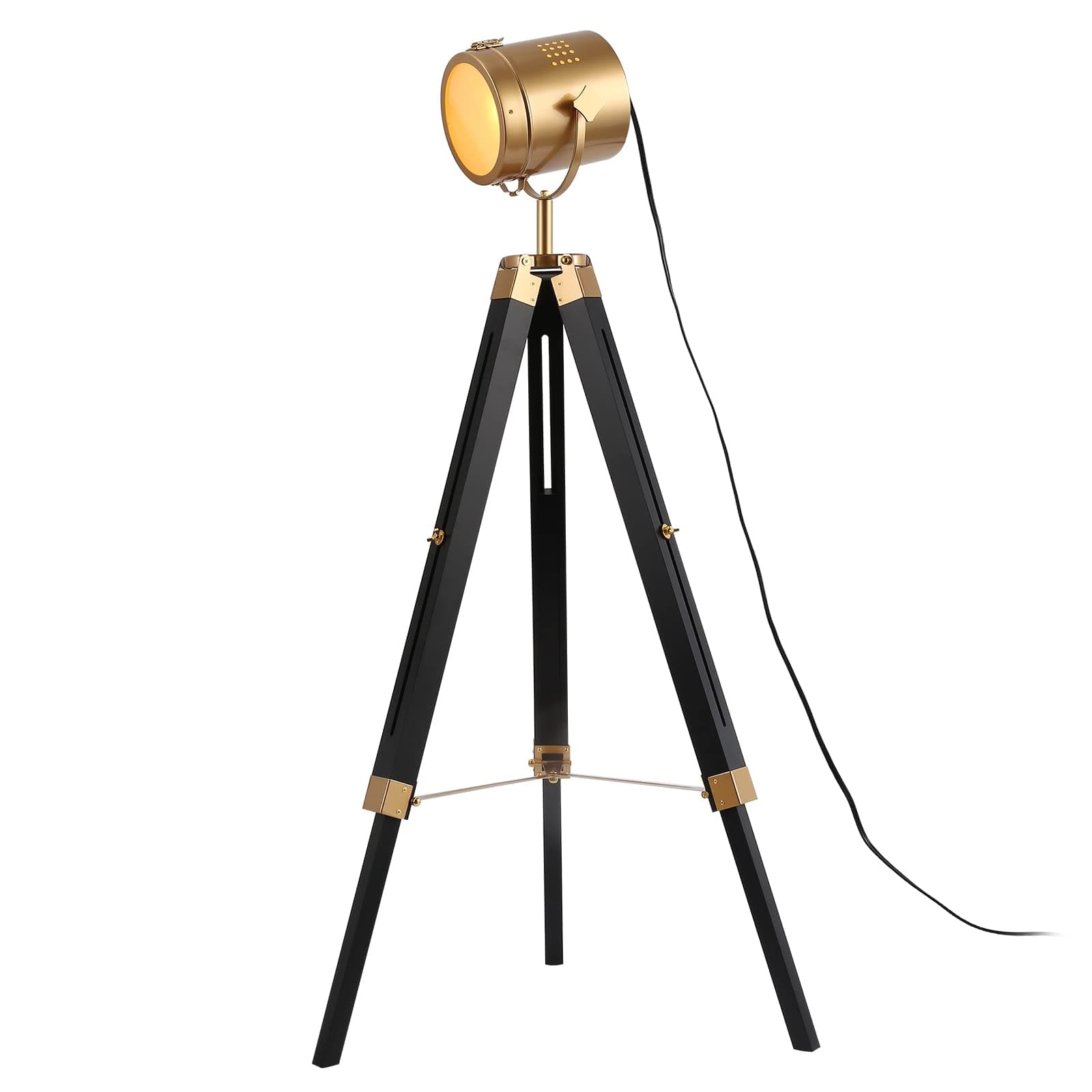 Mordern industrial tripod floor lamp for living room, bedroom office, vintage gold brass standing reading light floor lamp with camera tripod wood, rotatable nautical spotlight standing lamp black