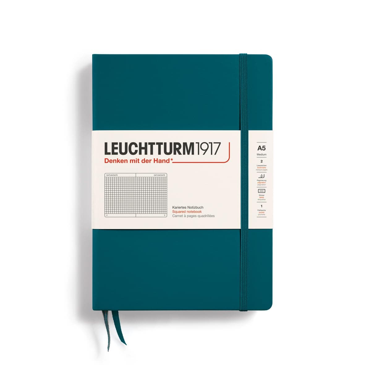 Notebook Hardcover Medium A5-251 Numbered Pages for Writing and Journaling (Pacific Green, Squared)