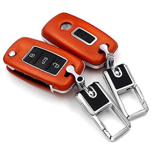 Saibon ORANGE Protective Genuine Leather Top Layer Hard Back Folding Key Remote Entry Fob Case Keychain for Volkswagen 2/3 Button