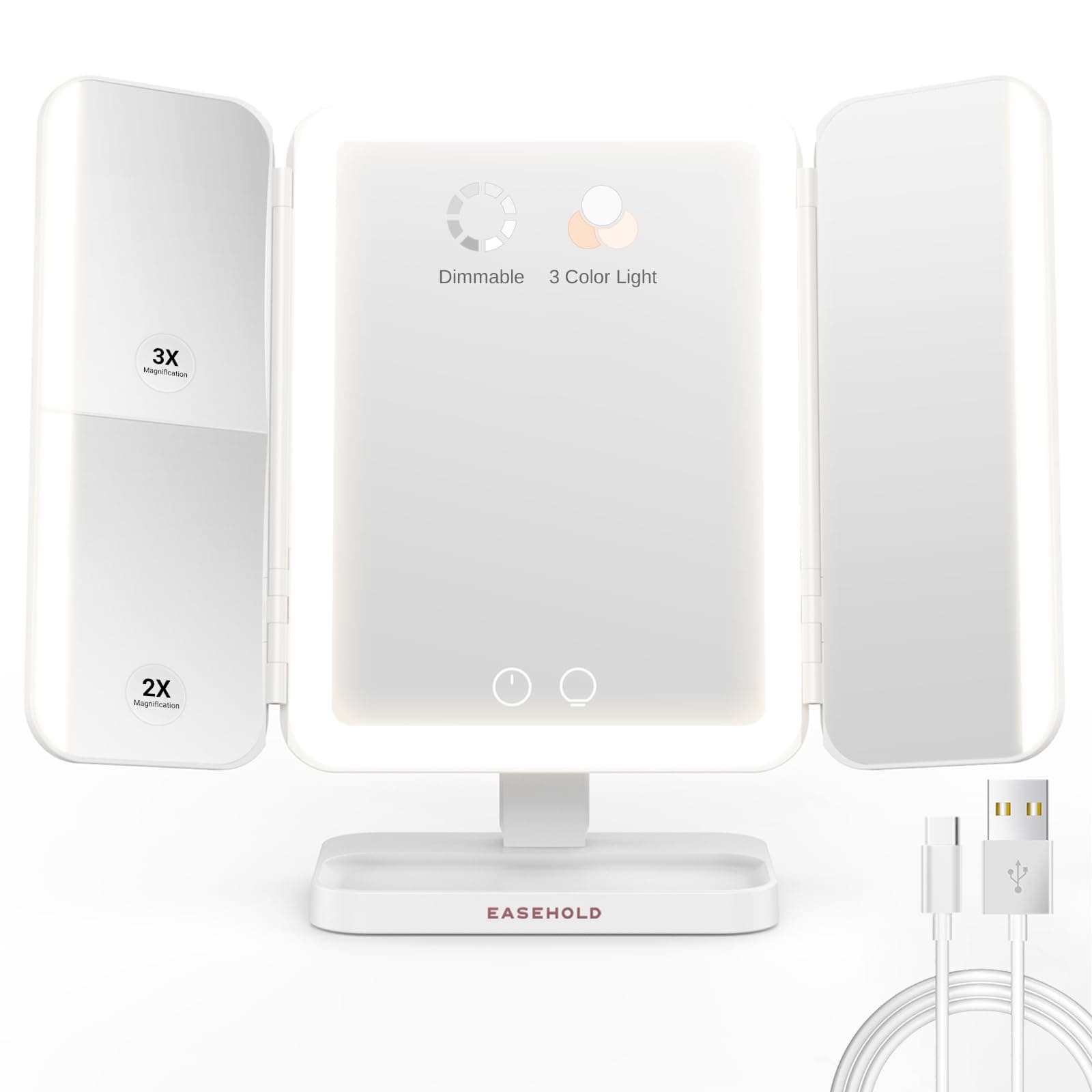 EASEHOLD Rechargeable 5000 mAh Lighted Makeup Mirror, 1X/2X/3X/10X Magnifying Vanity Mirror, 3-Color Wireless Mirror with Lights, 116 LEDs, Adjustable Brightness/Angle, White