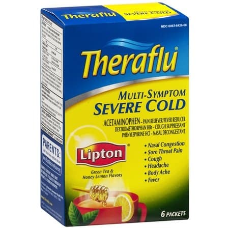 Theraflu Multi Symptom Severe Cold Packets, Green Tea And Honey Lemon - 6 Ea