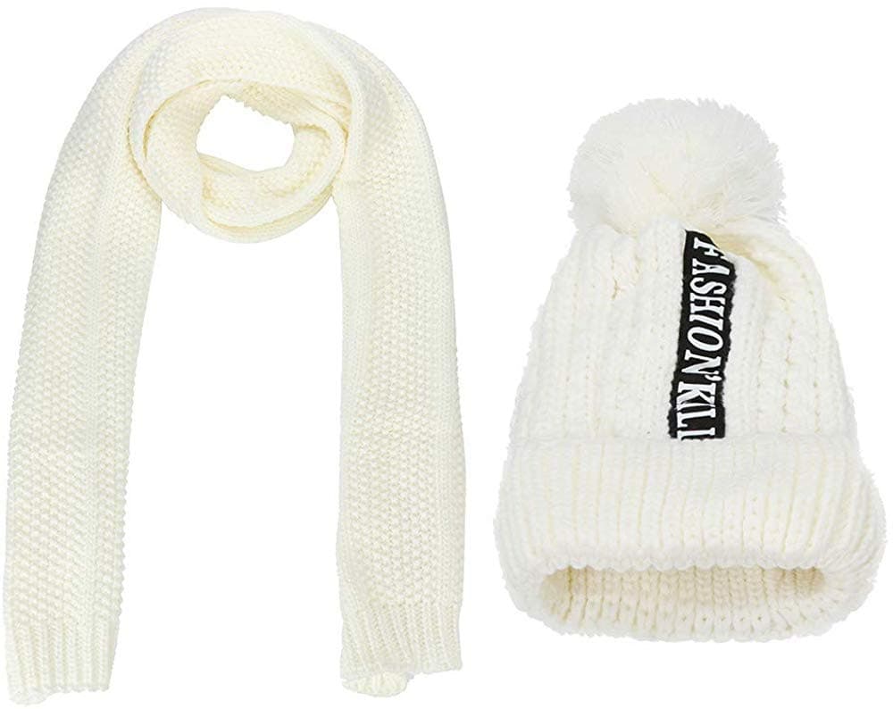 Girl's Scarf Hat Set Winter Warm Solid Pompoms Knitted Soft Caps and Scarves (White)