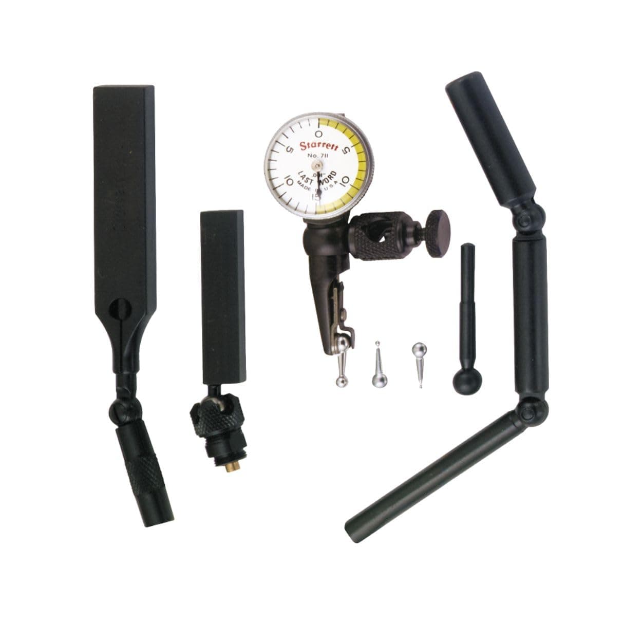 Starrett 711 Last Word Dial Test Indicator with All Attachments - White Half Shaded Face, .030" Range, 0-15-0 Dial Reading, .001" Graduation - 711GCSZ